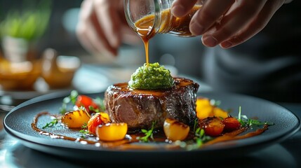 A chef skillfully seasons fresh tomatoes with herbs, demonstrating culinary techniques in a vibrant kitchen setting