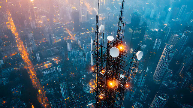 Telecommunication tower in the center of a busy city, equipped with multiple base station receivers