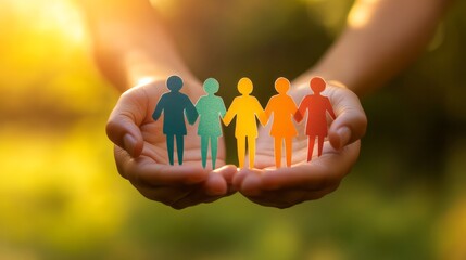 Paper People Silhouettes of Hands delicately holding colorful paper cut-out figures during a sunny outdoor gathering, symbolizing Diversity Inclusion And Equality Concept unity community engagement