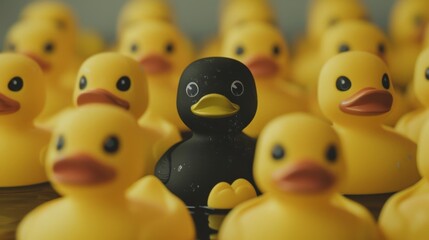 A unique black rubber duck among many yellow ones, highlighting individuality and fun in a playful setting.