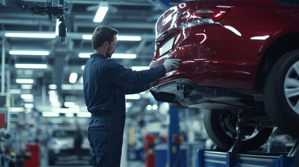 skilled mechanic inspecting a vehicle on a lift in a well-equipped auto service shop, surrounded by tools and equipment, demonstrating the thoroughness of an auto check, with brigh