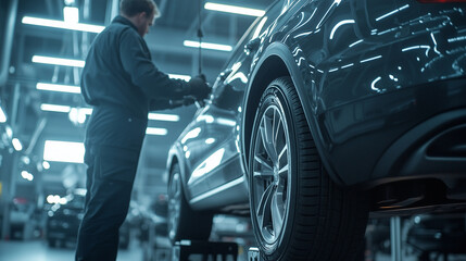 skilled mechanic inspecting a vehicle on a lift in a well-equipped auto service shop, surrounded by tools and equipment, demonstrating the thoroughness of an auto check, with brigh