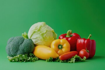 Colorful vegetables and fruits on a green surface.