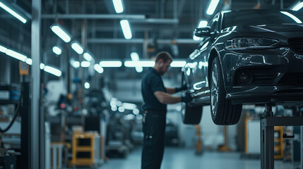 skilled mechanic inspecting a vehicle on a lift in a well-equipped auto service shop, surrounded by tools and equipment, demonstrating the thoroughness of an auto check, with brigh