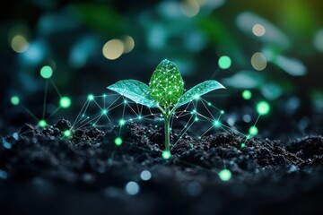 A close-up of a young plant growing in fertile soil, connected by glowing green nodes