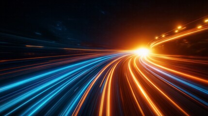 A captivating display of high-speed light streaks in blue and orange, creating a dynamic motion effect that evokes speed and energy during nighttime scenes