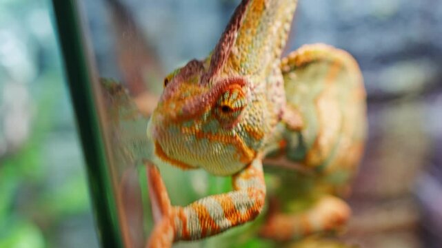 Chameleon on a twig in a home aquarium. An unusual pet. Terrarium with exotic animals.