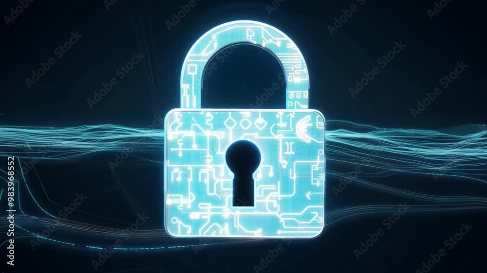 Fototapete A digital padlock appears prominently against a dark backdrop, with flowing lines of binary data. This represents the importance of cybersecurity and secure data management.