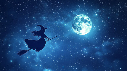 A witch flying on a broomstick across a starry night sky, with a full moon glowing behind her.