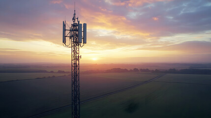 telecommunication tower with a base station receiver, connecting a rural area with high-speed