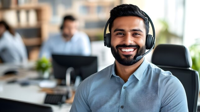 Indian male Customer Service Operator Wearing Headset.