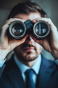 Man with glasses peering at distant view through binoculars, indicating foresight and strategic analysis.