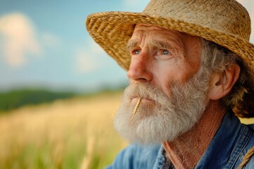 Fototapeta premium A close-up portrait of an elderly farmer with a beard, wearing a straw hat and denim overalls.