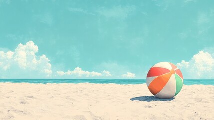 Obraz premium A colorful beach ball rests on the sandy shore under a bright blue sky as gentle waves lap at the edge of the coastline during a sunny day