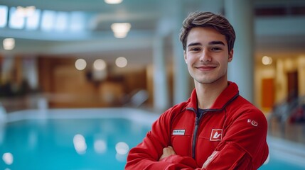 A smiling lifeguard in a red uniform stands confidently by the pool during a sunny day, ready to ensure safety and enjoyment for all swimmers present