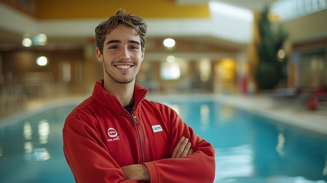 A smiling lifeguard in a red uniform stands confidently by a pool, ready to ensure safety for swimmers during a sunny afternoon shift at a local aquatic center