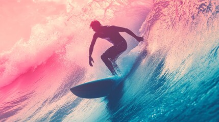A stylized silhouette of a surfer skillfully riding a vibrant wave at sunset, capturing the thrill and beauty of the ocean during golden hour