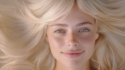 Naklejka premium A woman with blonde hair and blue eyes. The eyes are open and the woman has a nice smile