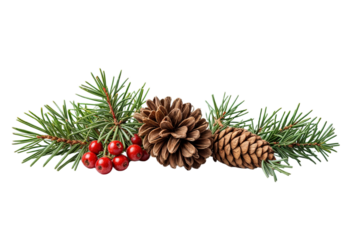 Christmas decoration of holly berry and pine cone isolated on white background