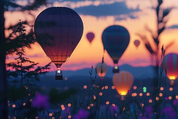 Obraz premium A Delightful Balloon Festival With Hot Air Balloons Glowing Softly Against A Twilight Backdrop, Creating A Warm And Cozy Fest, Generative AI