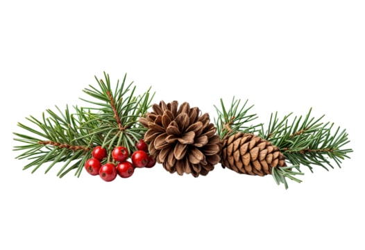Christmas decoration of holly berry and pine cone isolated on white background