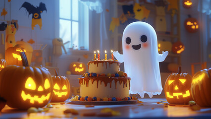 Cute ghost floating near birthday cake in cozy room, Halloween cake, Halloween pumpkins, Halloween decorations, jack-o'-lanterns, Halloween birthday, classic ghost, Halloween celebration