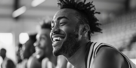 A cheerful male basketball player in a gym, posing with his teammates.