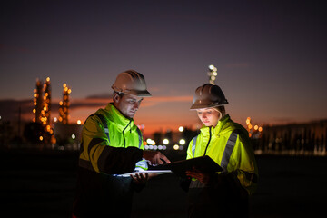 Engineers wearing safety gear, including hard hats examining survey are using tablet collaborating...