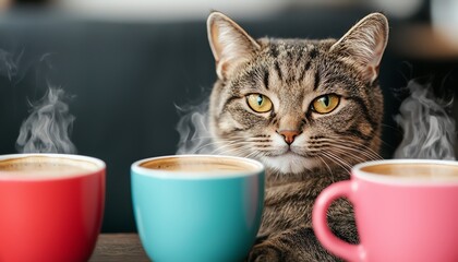 A cozy cat cafe with playful kittens lounging around steaming coffee cups, warm lighting creating a homey atmosphere, soft focus, warm tones, photography, inviting