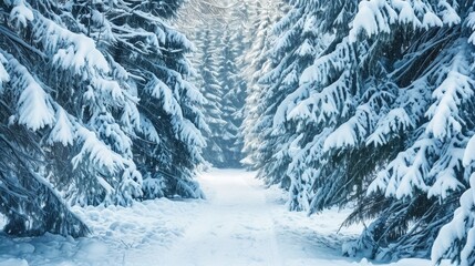 Snowy path between evergreen trees. Snow on pine branches, serene winter forest. Winter hike trail.