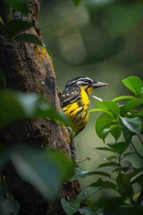 Wildlife, nature, colorful bird on tree branch.
