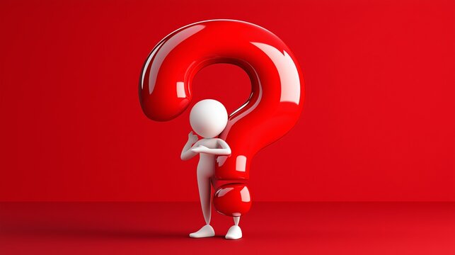 A man is standing in front of a red wall with a big red question mark. The man is holding his hands together and looking up at the question mark. Concept of curiosity and uncertainty