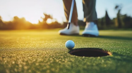 close up macro golf player putting golf ball into hole 