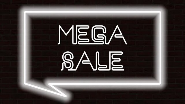 Neon text animation for MEGA SALE in green and red with a blinking effect, and a white callout-shaped neon frame with a blinking effect, set against a brick wall background