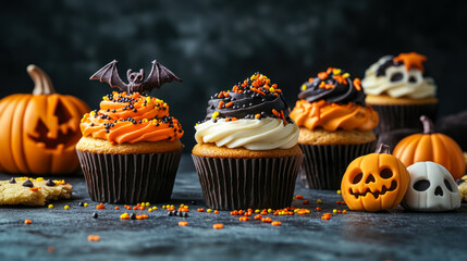 festive halloween cupcakes with whipped cream, colorful sprinkles and bats on dark background with pumpkins. Sweets for Halloween. treat or trick. Scary desserts. Confectionery, bakery menu
