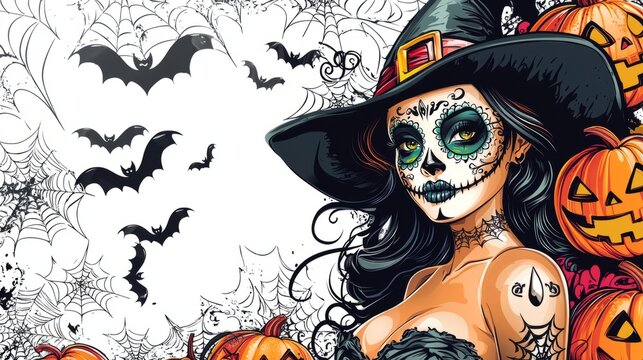 colorful pin up girl with half her face in sugar skull makeup wearing withch hat surrounded by pumpkins and bats in clip art style haloween themed background on white background vibrant color scheme