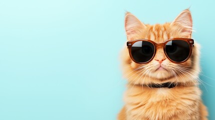 A cat wearing sunglasses and a collar. The cat is looking at the camera. The image has a playful and fun mood