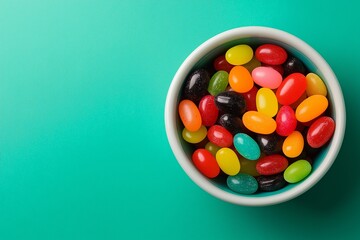 A bowl of colorful jelly beans against a green background 