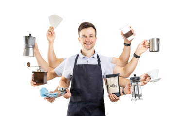 Barista with Multiple Arms Showing Different Coffee Brewing Equipment Isolated from Background