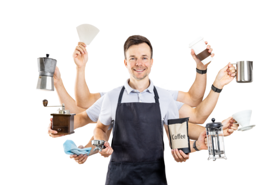 Barista with Multiple Arms Showing Different Coffee Brewing Equipment Isolated from Background