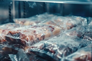 Plastic wrapped meat packages ready for storage or sale.
