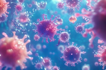 A detailed, 3D rendering of various viruses floating in a glowing blue background,