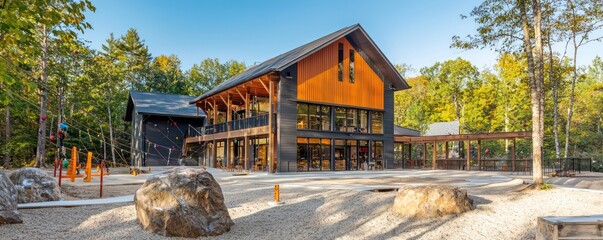 An adventure sports center with James Hardie siding, located at the edge of a national park, providing a base for activities like zip-lining, rock climbing, and mountain biking