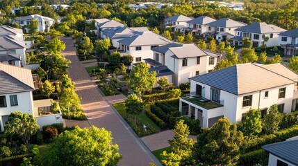 An aerial view of a modern suburb, where every house features off-white exteriors, nestled among mature trees and neat gardens