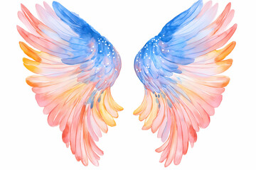 Obraz premium The wings of a bird are painted in a watercolor style, with a mix of blue, pink, and yellow colors. The wings are spread wide open, giving the impression of freedom and grace