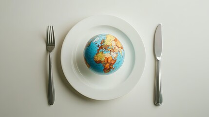 A globe delicately placed on a white dinner plate, with a fork and knife neatly arranged on either side.