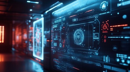 Fototapeta premium Futuristic cybersecurity system that protects global data networks. A computer screen that displays a hologram of digital data security.