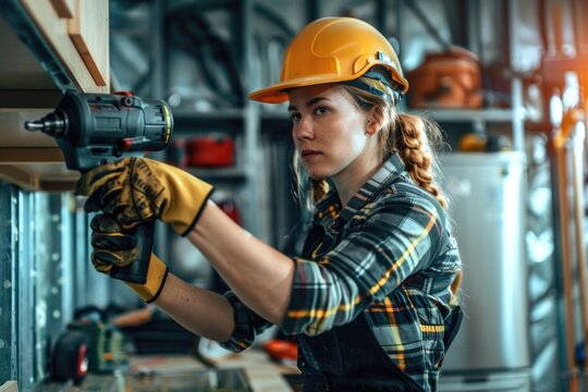 Female worker in industrial setting focusing on task with power tools.
