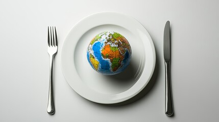 A globe delicately placed on a white dinner plate, with a fork and knife neatly arranged on either side.
