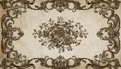 Fototapeta premium A sepia-toned wallpaper featuring antique floral patterns and ornate frames, offering a nostalgic charm